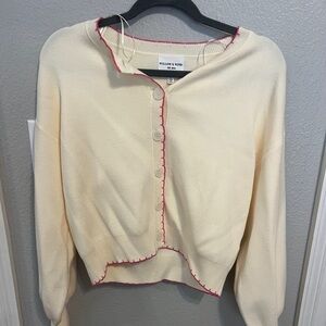 Cream Cropped Cardigan with Pink Trim